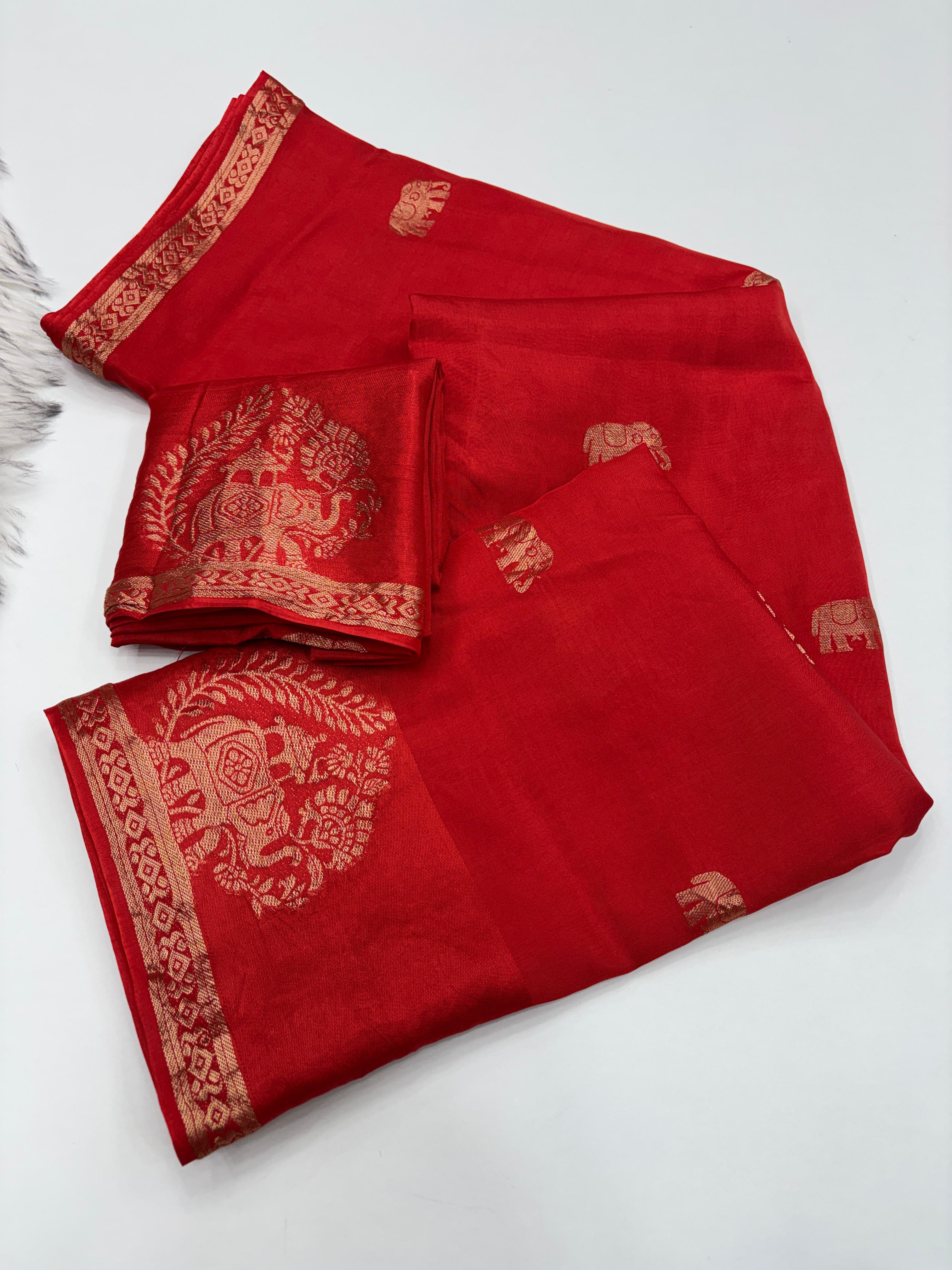 Quintessential Pure Soft Viscose Fabric Golden Zari Jacquard Work Fancy Designer Saree With Blouse