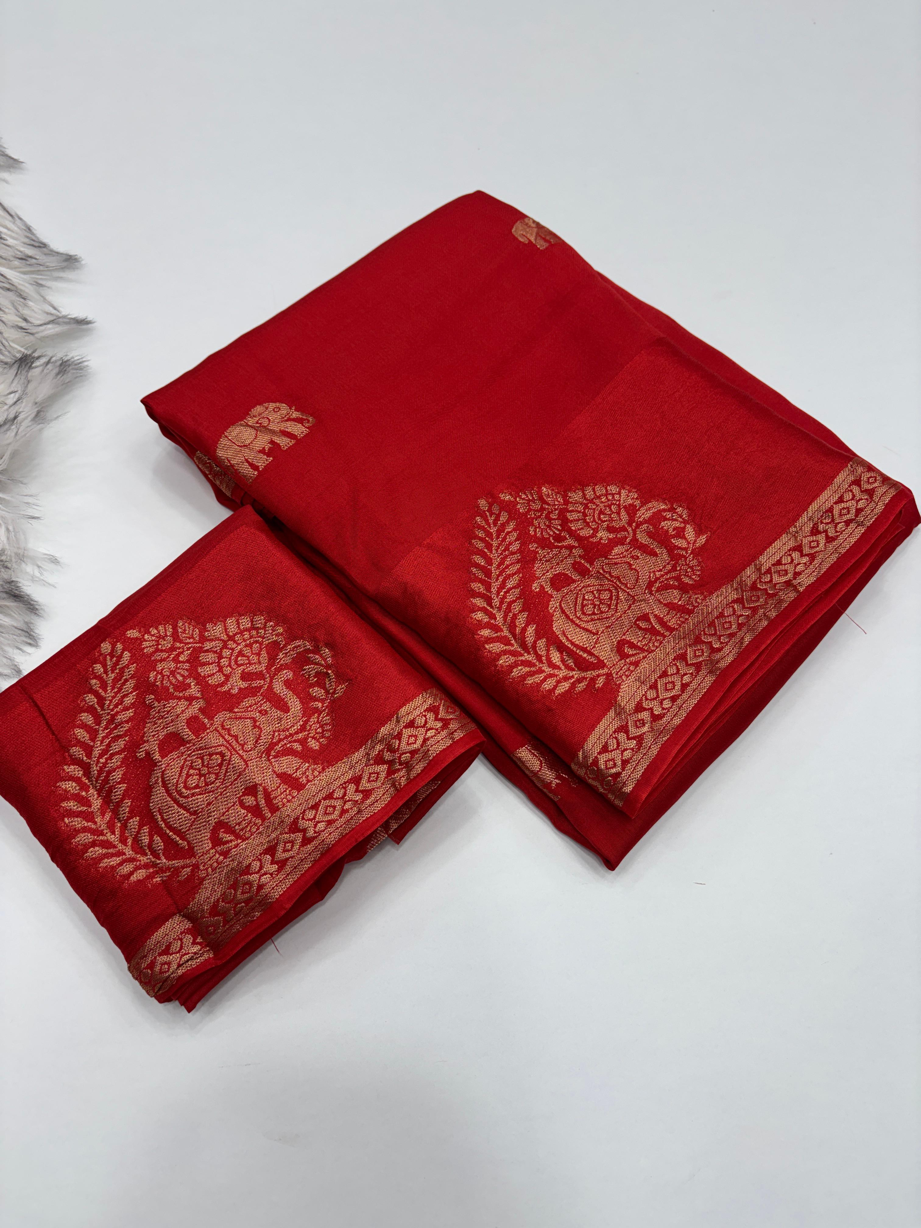 Quintessential Pure Soft Viscose Fabric Golden Zari Jacquard Work Fancy Designer Saree With Blouse