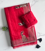 Load image into Gallery viewer, Mellifluous Party Wear Chanderi Cotton Embroidery n Tussels Work Fancy Designer Saree For Women
