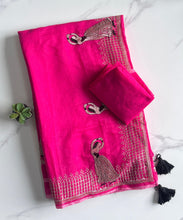 Load image into Gallery viewer, Mellifluous Party Wear Chanderi Cotton Embroidery n Tussels Work Fancy Designer Saree For Women
