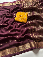 Load image into Gallery viewer, Attractive Function Wear Pure Viscose Crape Silk Buti Design Zari Work Fancy Saree With Contrast Blouse
