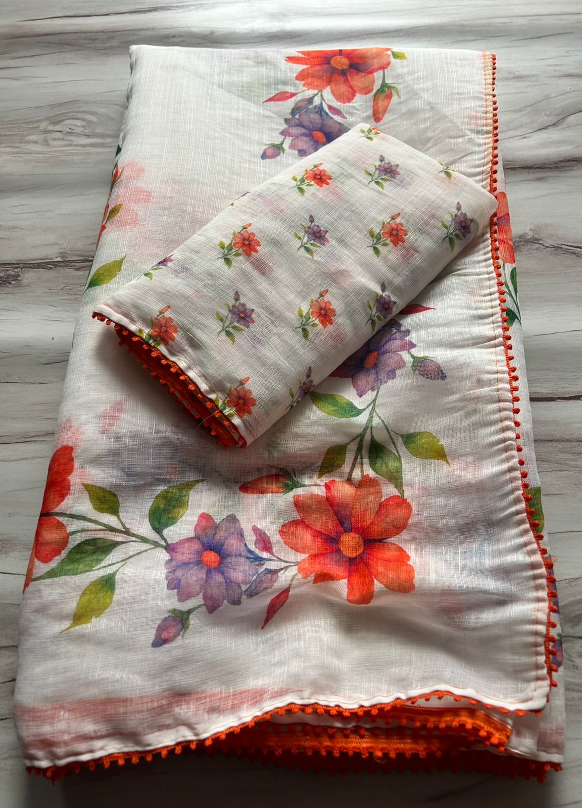Blossom Party Wear White Colour Cotton Linen Flower Print With Lace Fancy Designer Saree