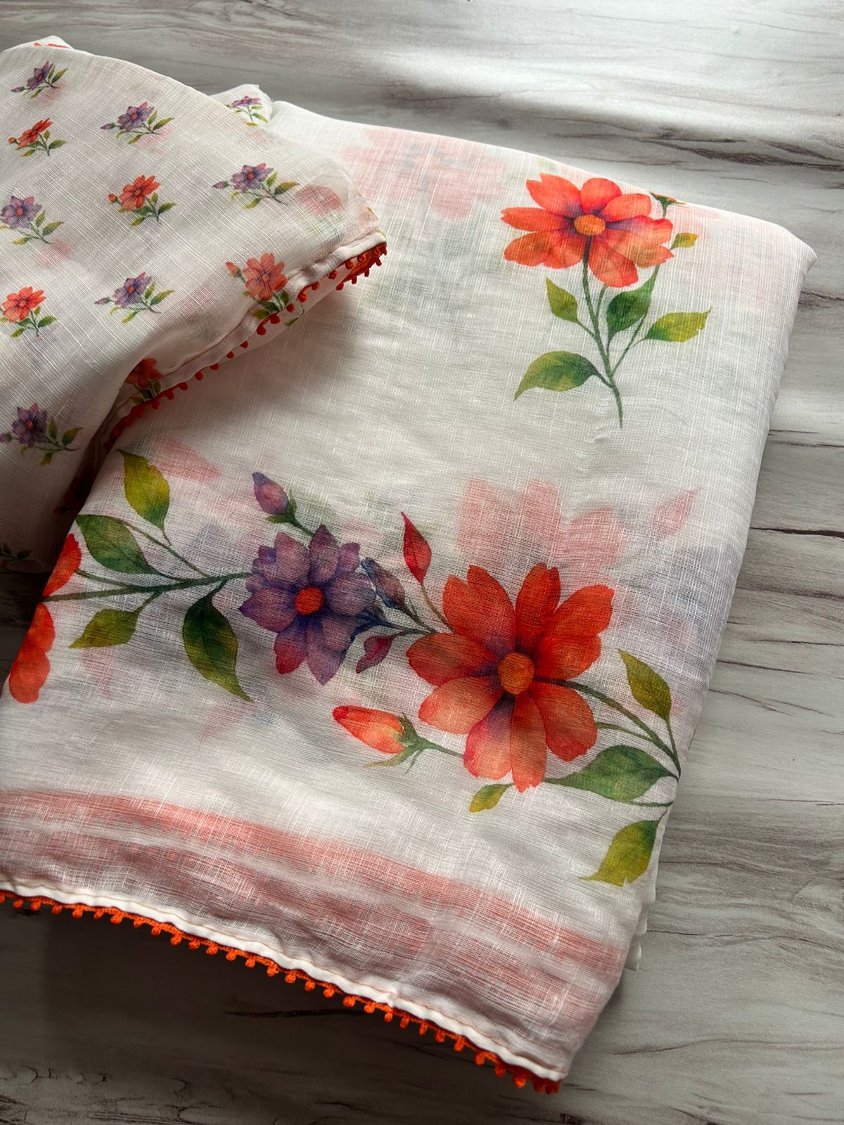 Blossom Party Wear White Colour Cotton Linen Flower Print With Lace Fancy Designer Saree