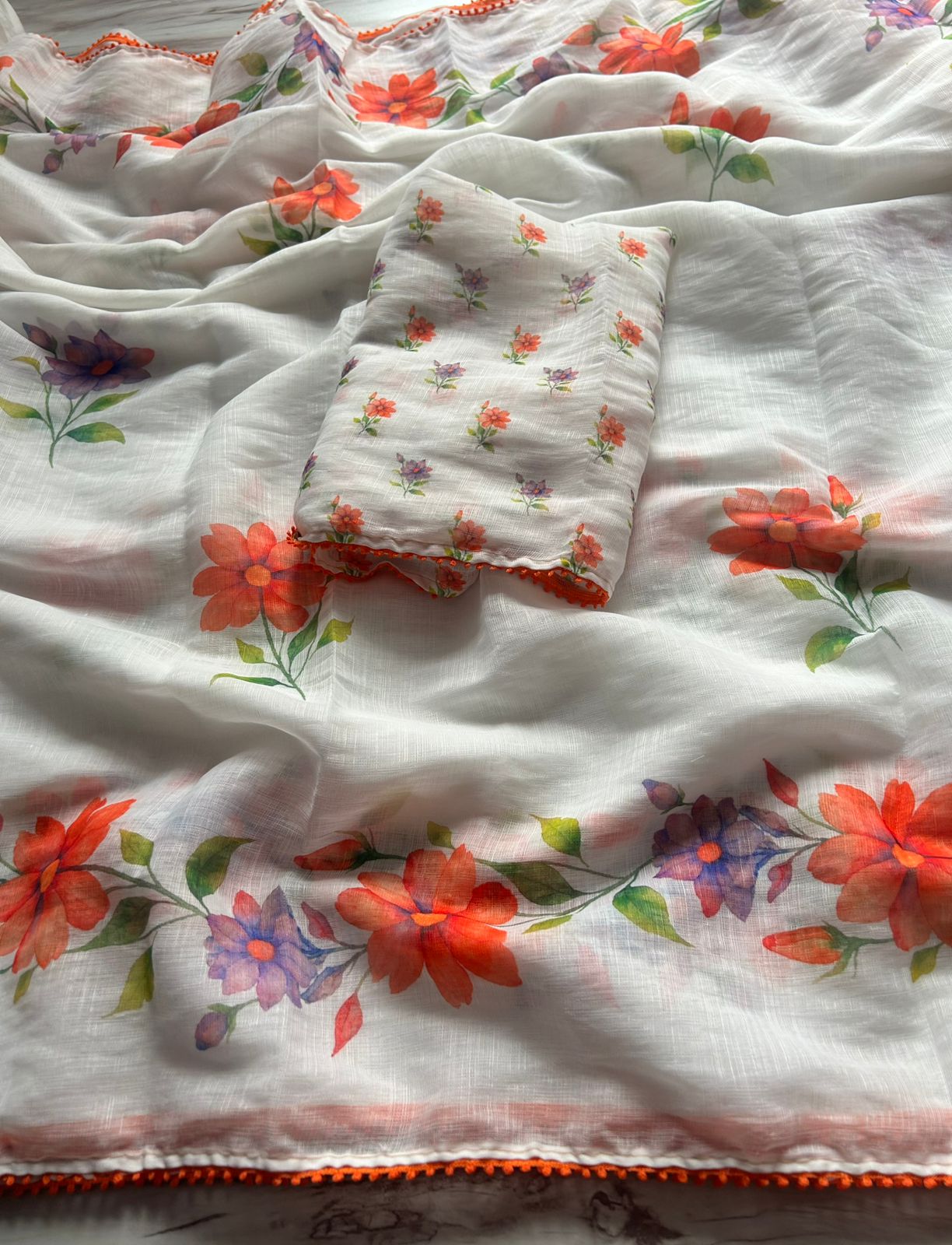 Blossom Party Wear White Colour Cotton Linen Flower Print With Lace Fancy Designer Saree