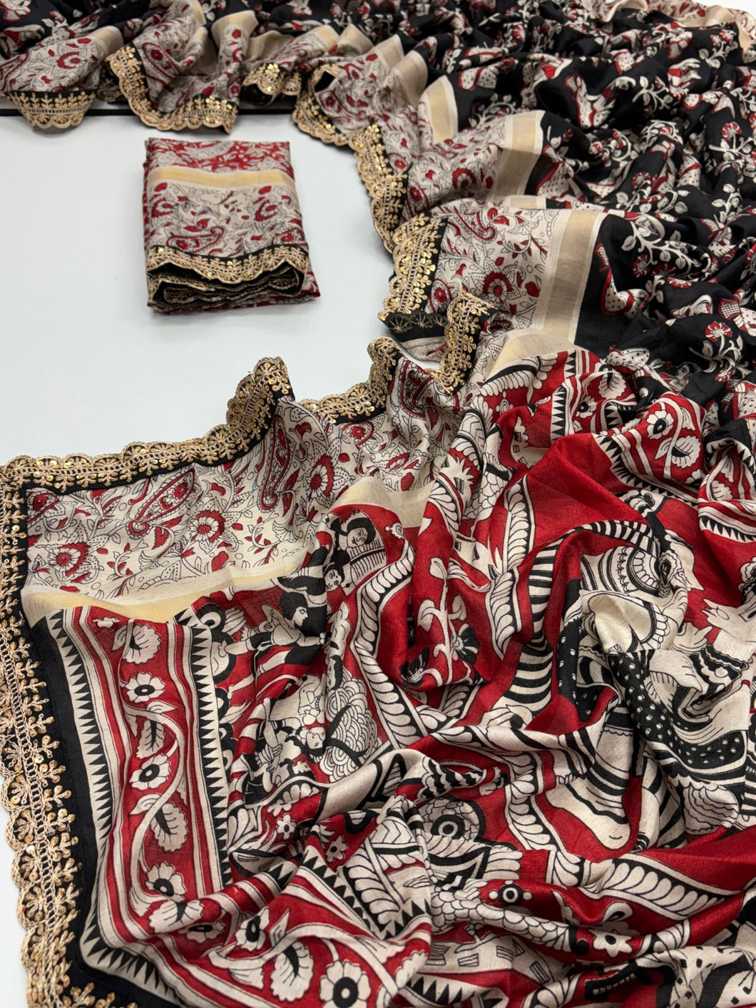 New Function Wear Black Color Viscose Georgette Kalamkari Print Fancy Designer Saree Design