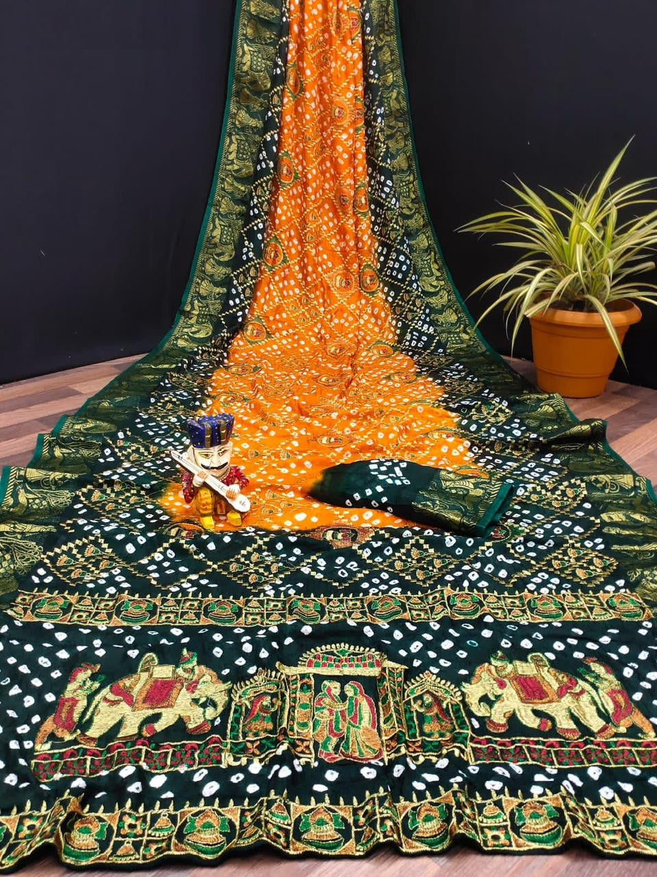 Latest Wedding Wear Green n Orange Bandhej Silk Zari Weaving n Embroidery Work Designer Saree