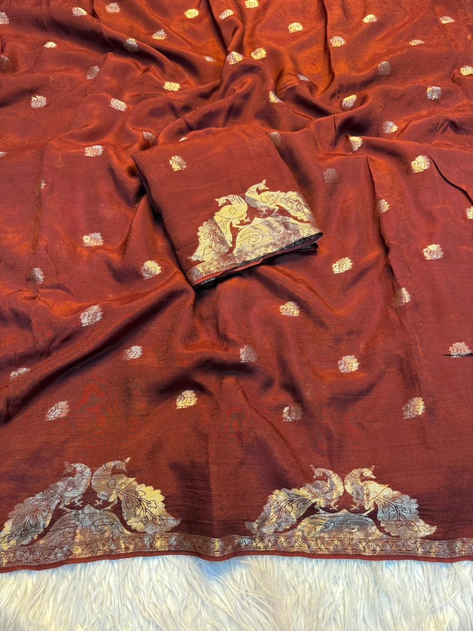 New Festive Wear Pure Soft Viscose Georgette Crepe Silk Jacquard Weaving Zari Work Fancy Designer Saree With Blouse