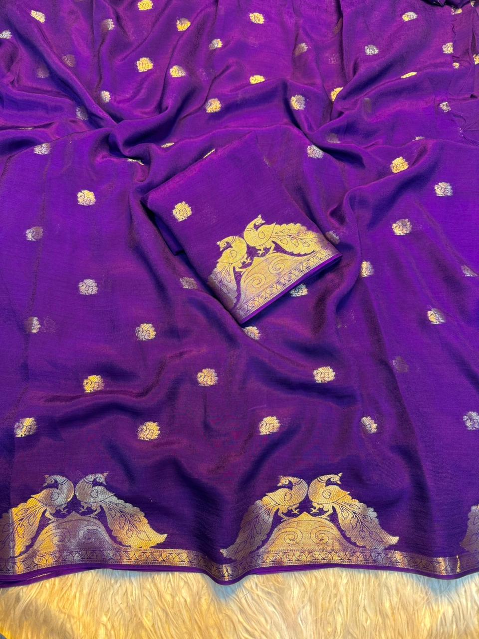 New Festive Wear Pure Soft Viscose Georgette Crepe Silk Jacquard Weaving Zari Work Fancy Designer Saree With Blouse