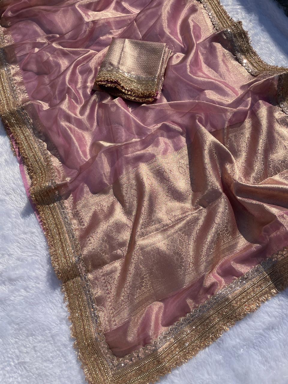 New Wedding Wear Baby Pink Color Banarasi Tissue Silk Jacquard n Heavy Lace Work Fancy Designer Saree