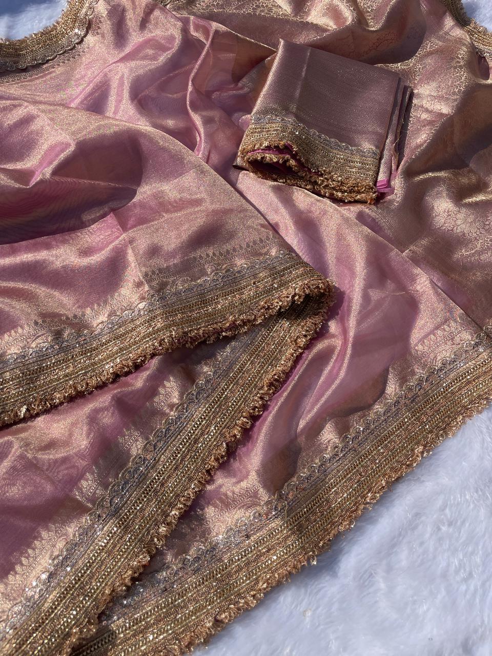New Wedding Wear Baby Pink Color Banarasi Tissue Silk Jacquard n Heavy Lace Work Fancy Designer Saree