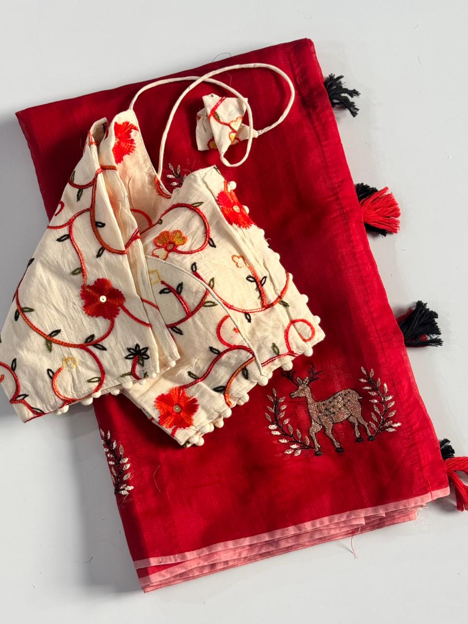 Seraglio Function Wear Chanderi Cotton Embroidery n Tussels Work Fancy Designer Saree With Stitched Blouse