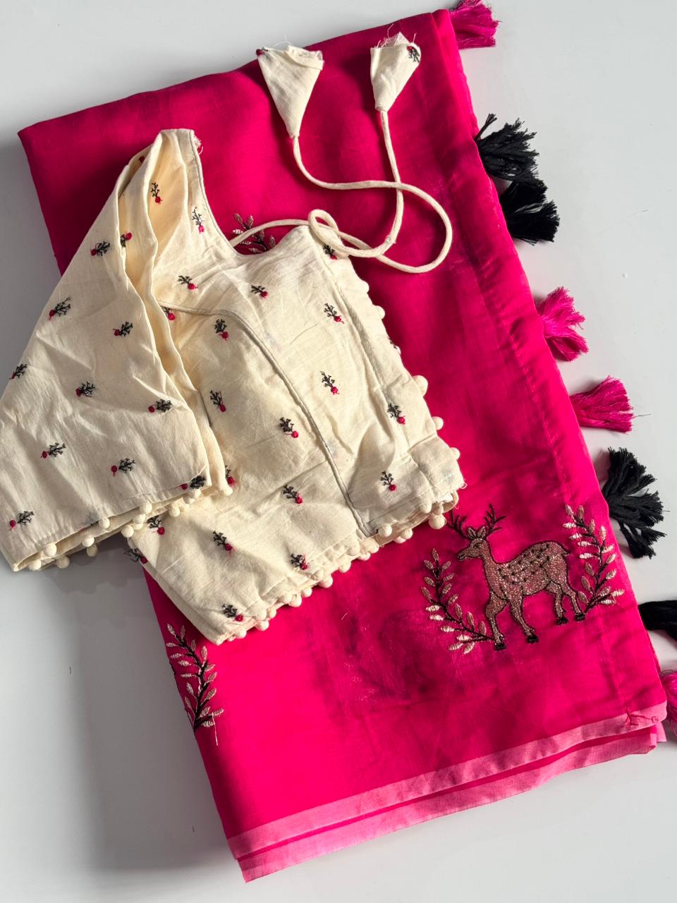 Seraglio Function Wear Chanderi Cotton Embroidery n Tussels Work Fancy Designer Saree With Stitched Blouse