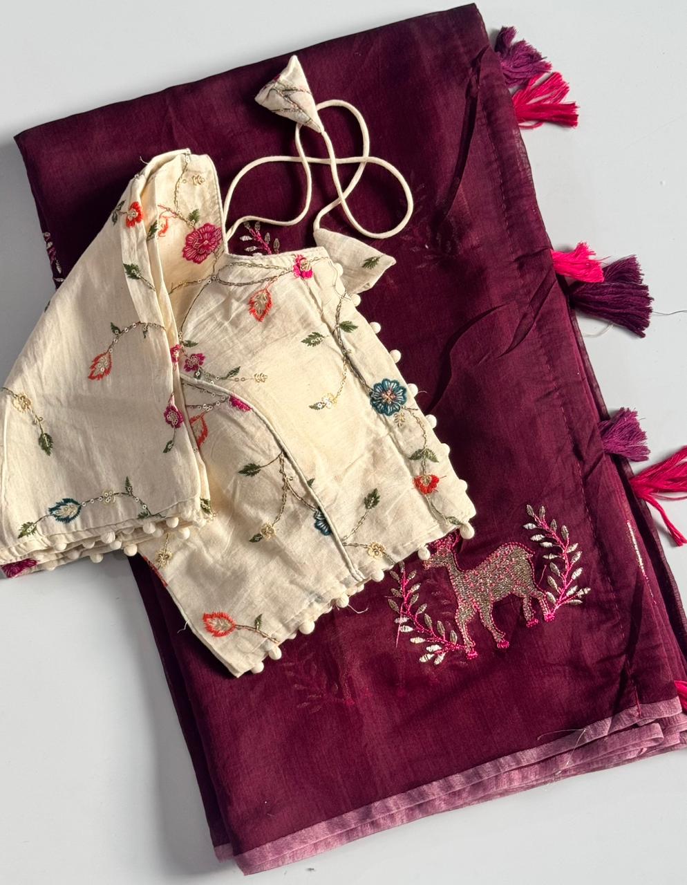 Seraglio Function Wear Chanderi Cotton Embroidery n Tussels Work Fancy Designer Saree With Stitched Blouse