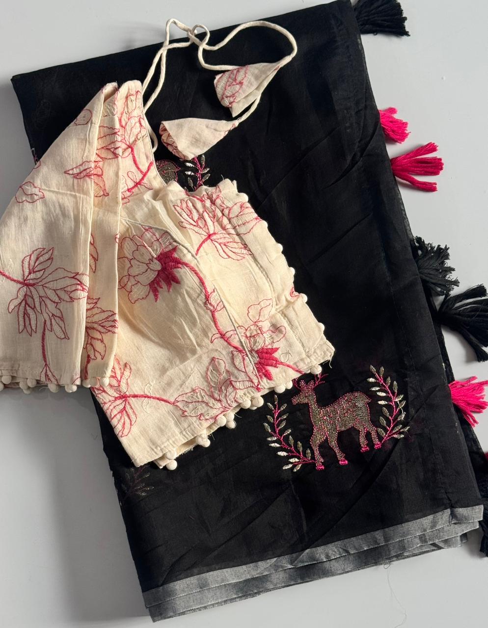 Seraglio Function Wear Chanderi Cotton Embroidery n Tussels Work Fancy Designer Saree With Stitched Blouse