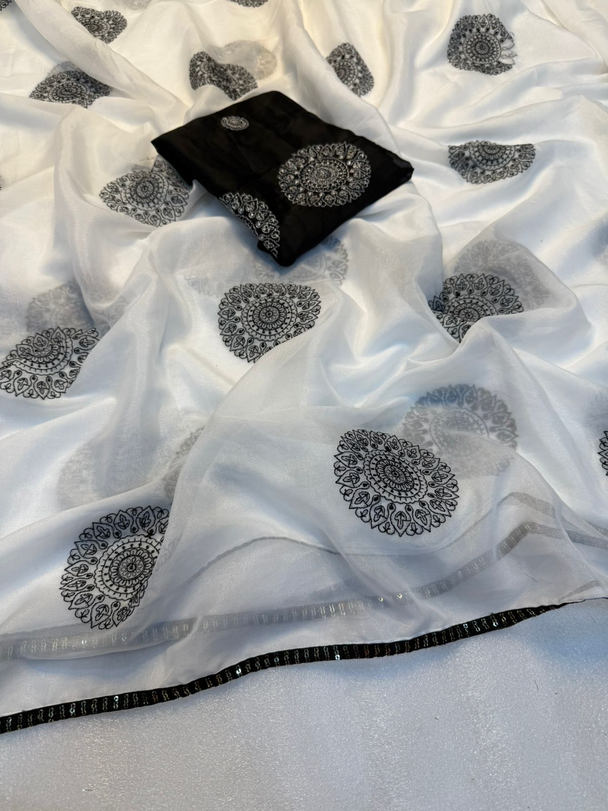 Forbearance White Color Tissue Organza Silk Embroidery Work Fancy Designer Saree With Confounding Blouse Piece