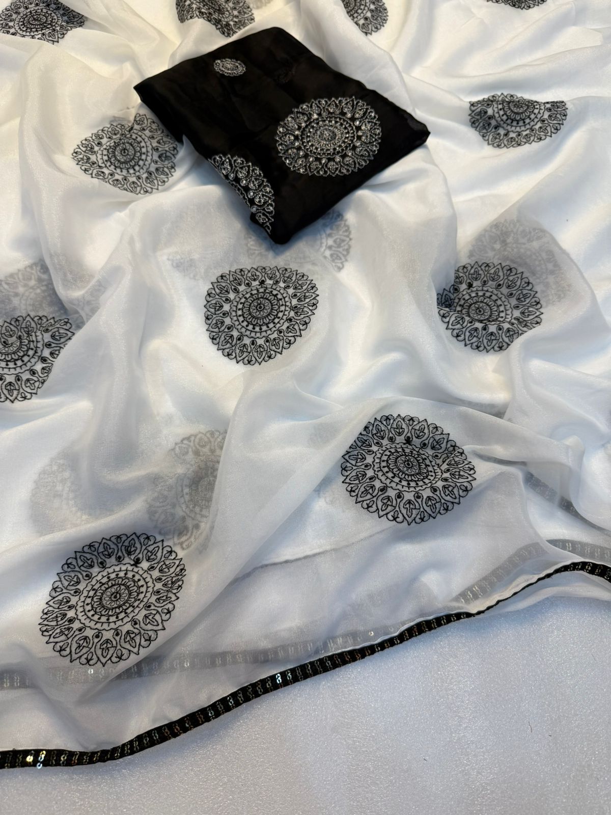 Forbearance White Color Tissue Organza Silk Embroidery Work Fancy Designer Saree With Confounding Blouse Piece
