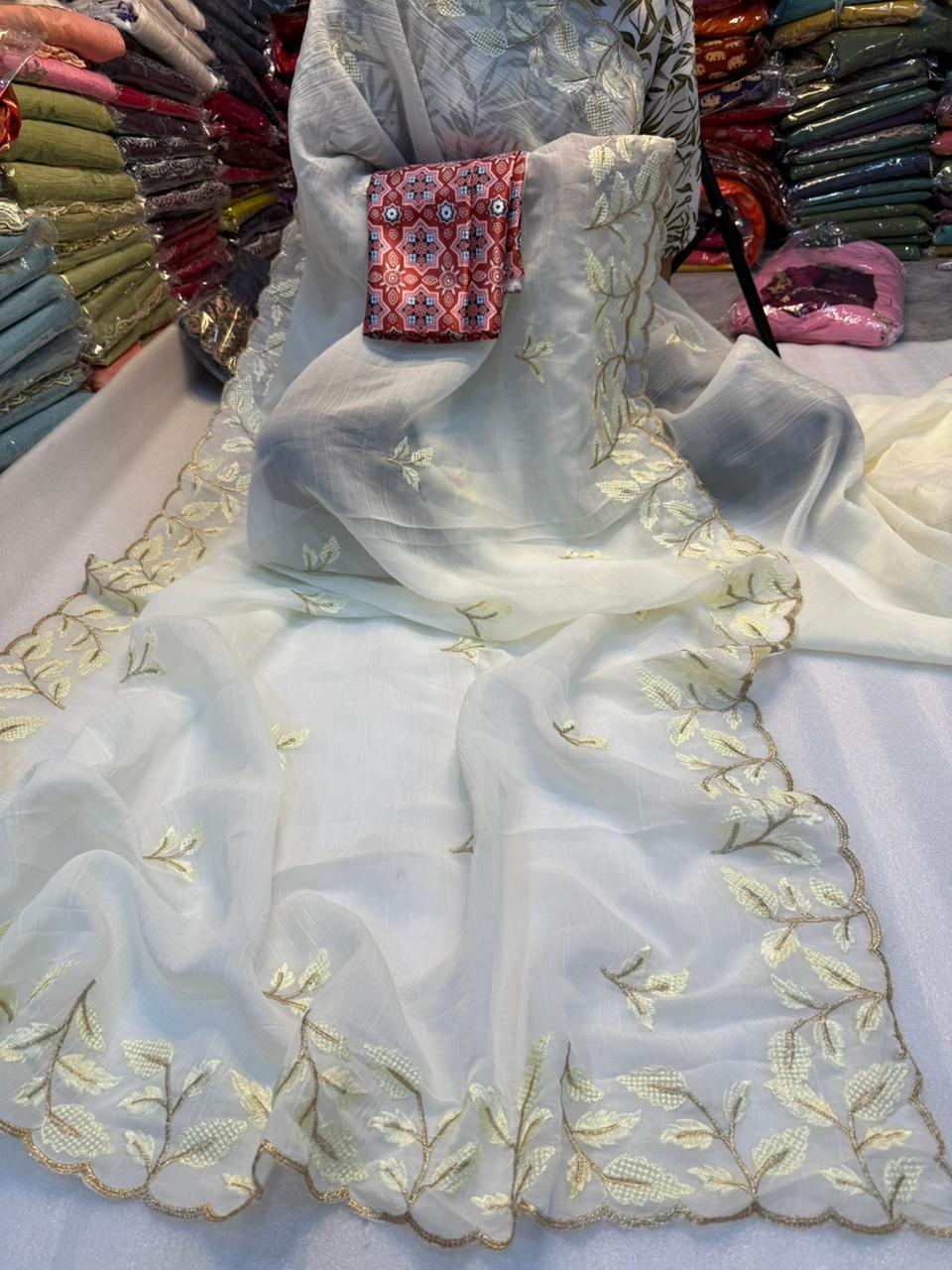 Winsome Off White Color Crunchy Silk Embroidery Work Fancy Partywear Saree With Captivating Blouse Piece