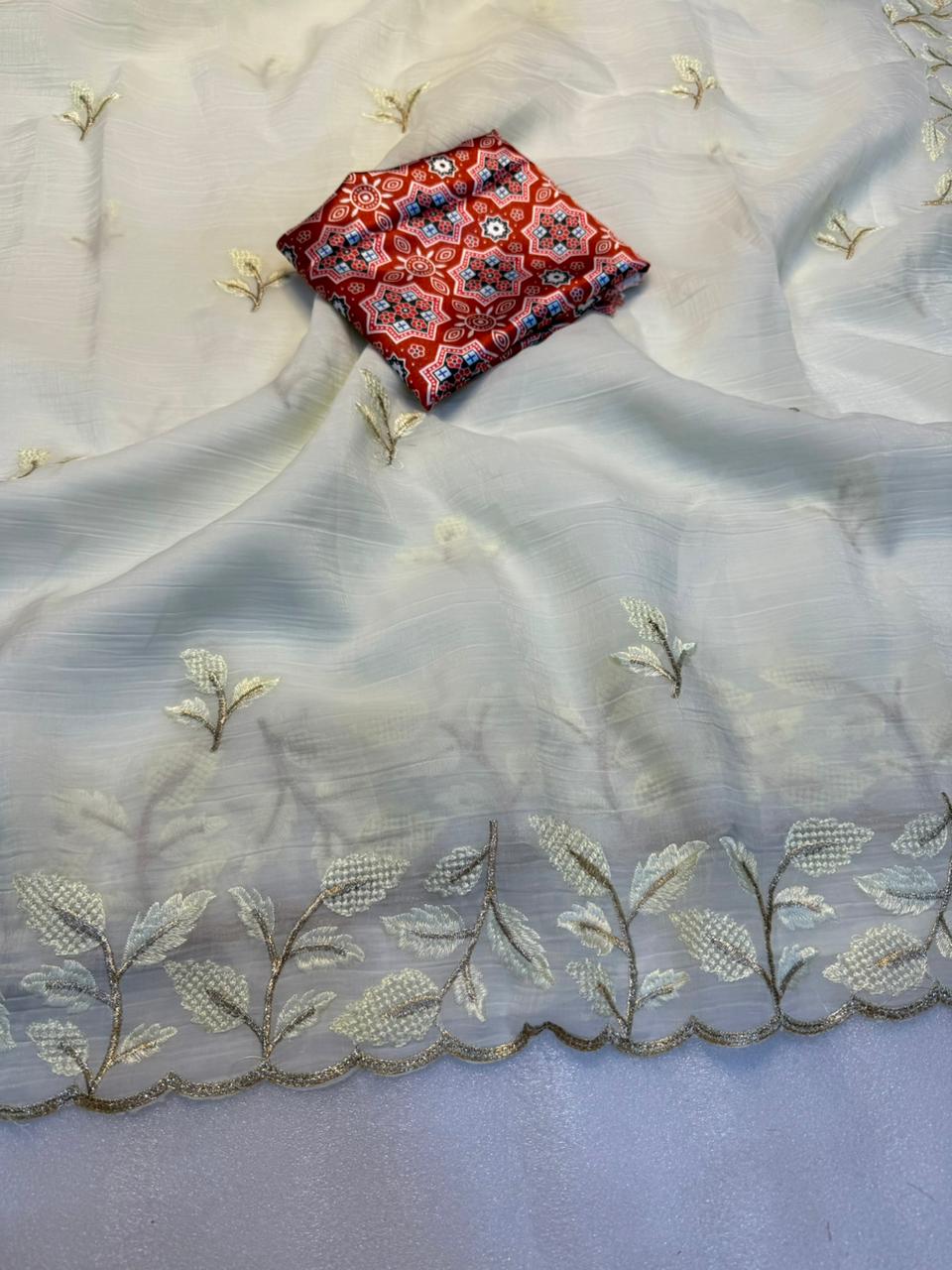 Winsome Off White Color Crunchy Silk Embroidery Work Fancy Partywear Saree With Captivating Blouse Piece