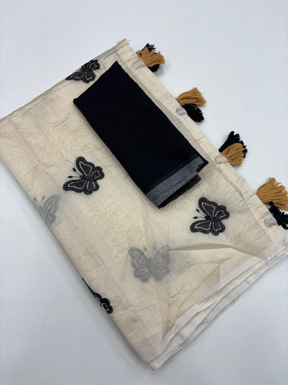 Divine Festive Wear Soft Chanderi Cotton Silk Butterfly Design Embroidery n Tussels Work Fancy Saree
