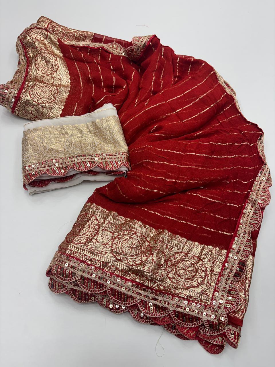 Latest Wedding wear Red Color Viscose Georgette Jacquard Weaving n Sequence Border Work Designer Saree