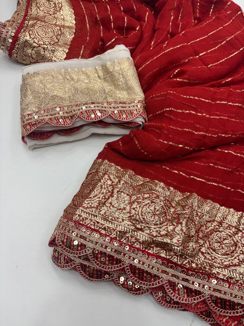 Latest Wedding wear Red Color Viscose Georgette Jacquard Weaving n Sequence Border Work Designer Saree