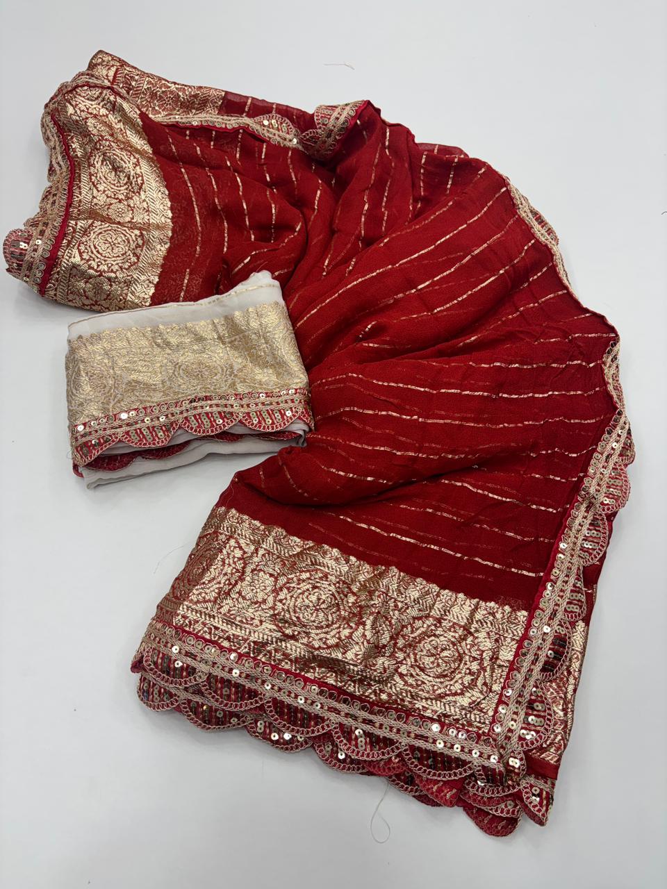 Latest Wedding wear Red Color Viscose Georgette Jacquard Weaving n Sequence Border Work Designer Saree