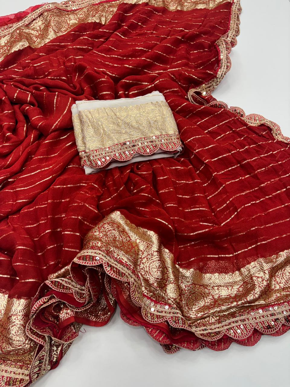 Latest Wedding wear Red Color Viscose Georgette Jacquard Weaving n Sequence Border Work Designer Saree