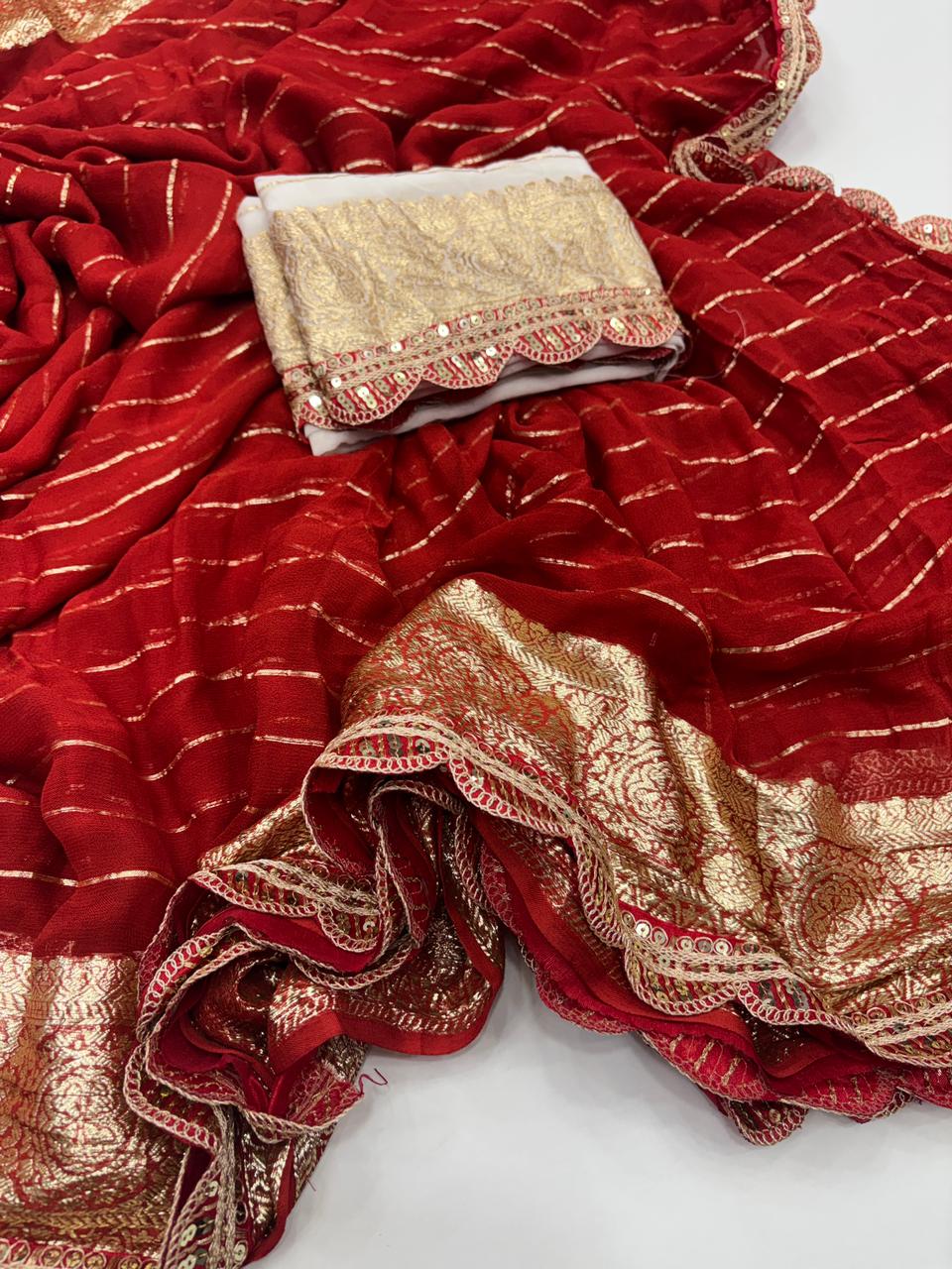 Latest Wedding wear Red Color Viscose Georgette Jacquard Weaving n Sequence Border Work Designer Saree