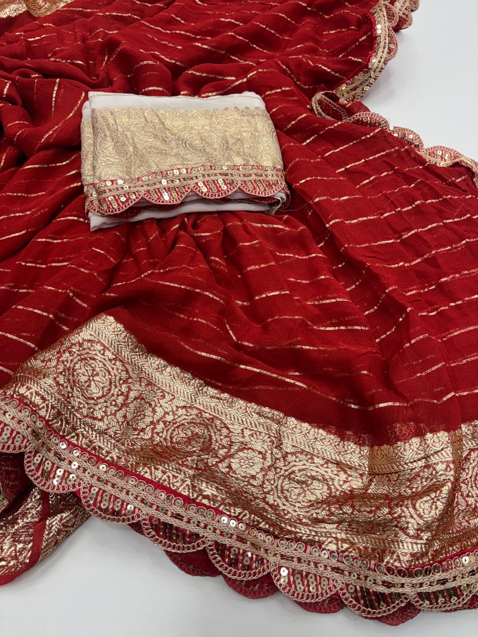 Latest Wedding wear Red Color Viscose Georgette Jacquard Weaving n Sequence Border Work Designer Saree