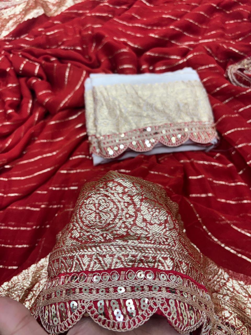 Latest Wedding wear Red Color Viscose Georgette Jacquard Weaving n Sequence Border Work Designer Saree