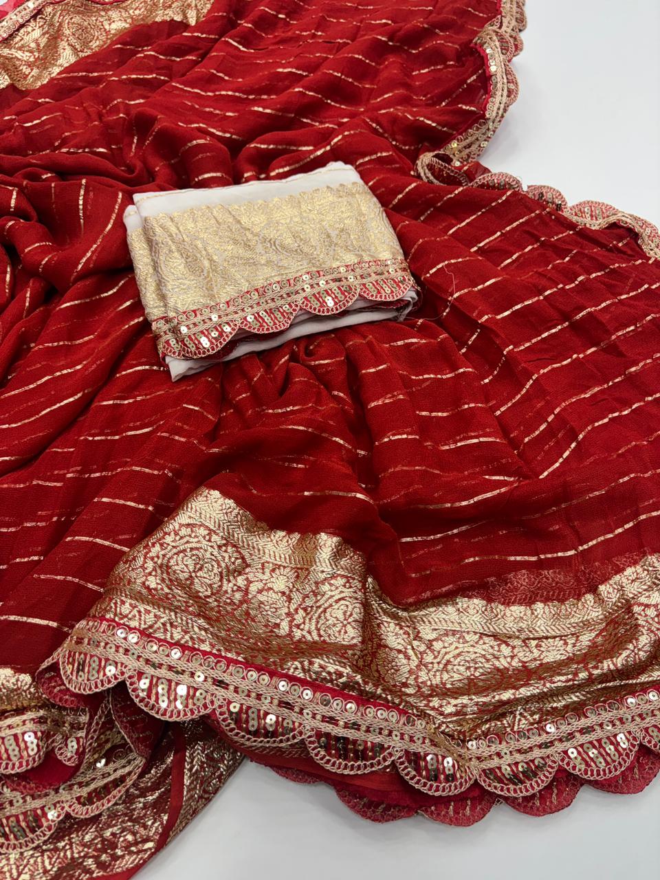 Latest Wedding wear Red Color Viscose Georgette Jacquard Weaving n Sequence Border Work Designer Saree
