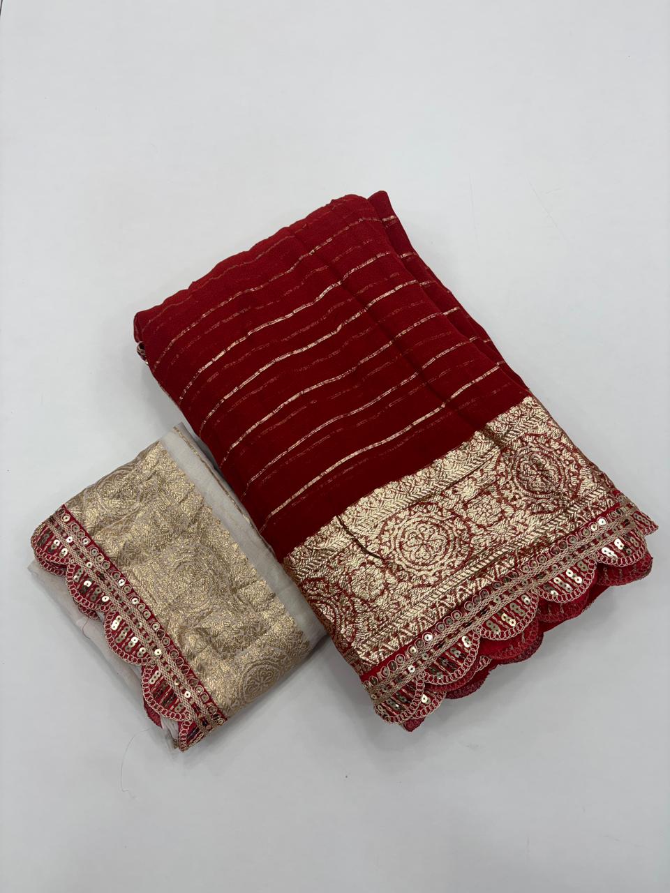 Latest Wedding wear Red Color Viscose Georgette Jacquard Weaving n Sequence Border Work Designer Saree