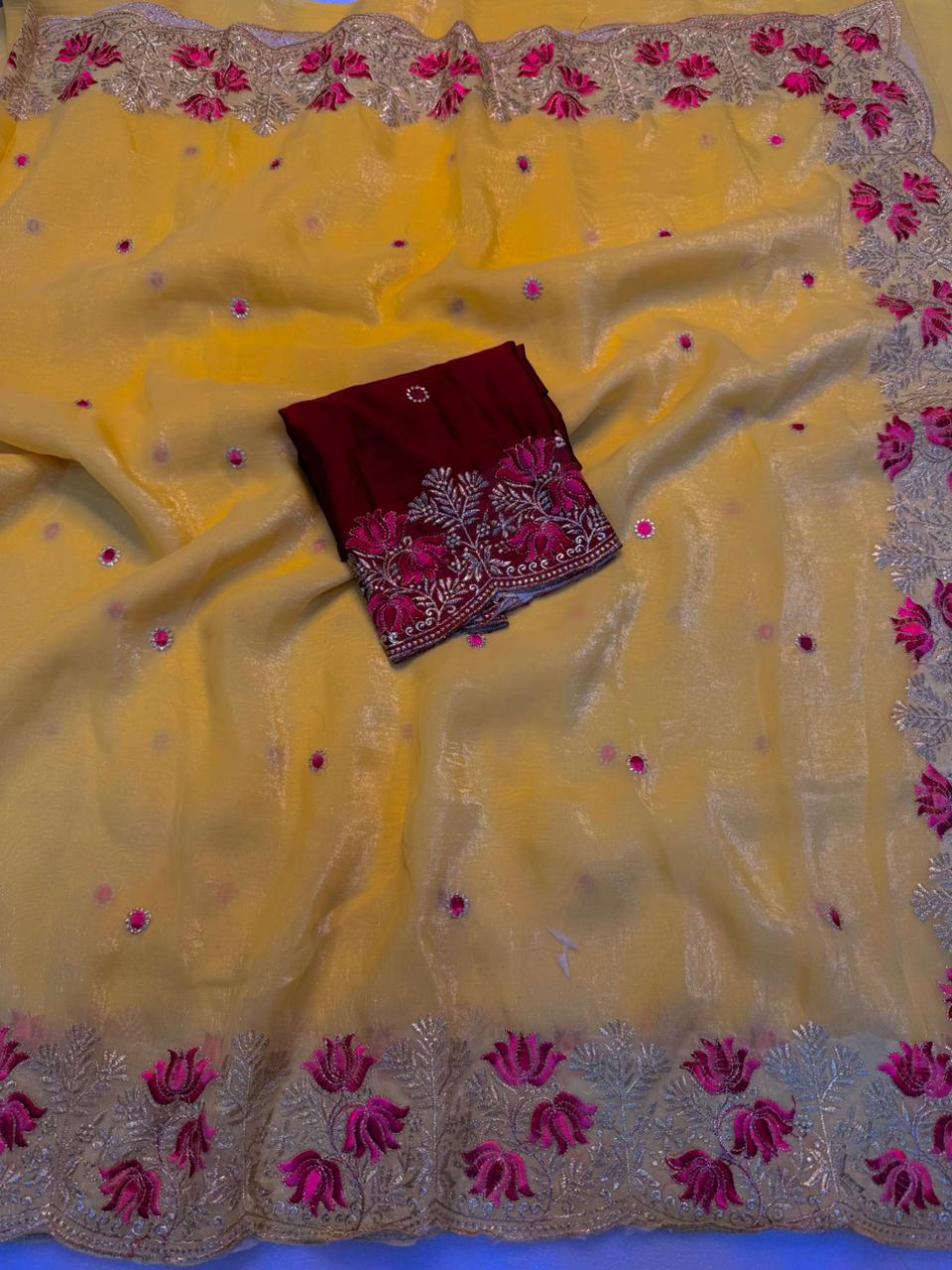 Latest Wedding Wear Pure Crunchy Silk Embroidery Work Fancy Desginer Saree With Blouse