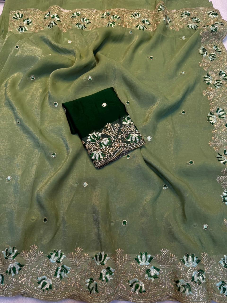 Latest Wedding Wear Pure Crunchy Silk Embroidery Work Fancy Desginer Saree With Blouse