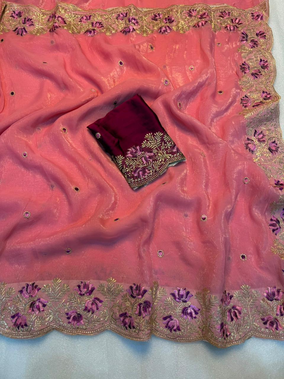 Latest Wedding Wear Pure Crunchy Silk Embroidery Work Fancy Desginer Saree With Blouse