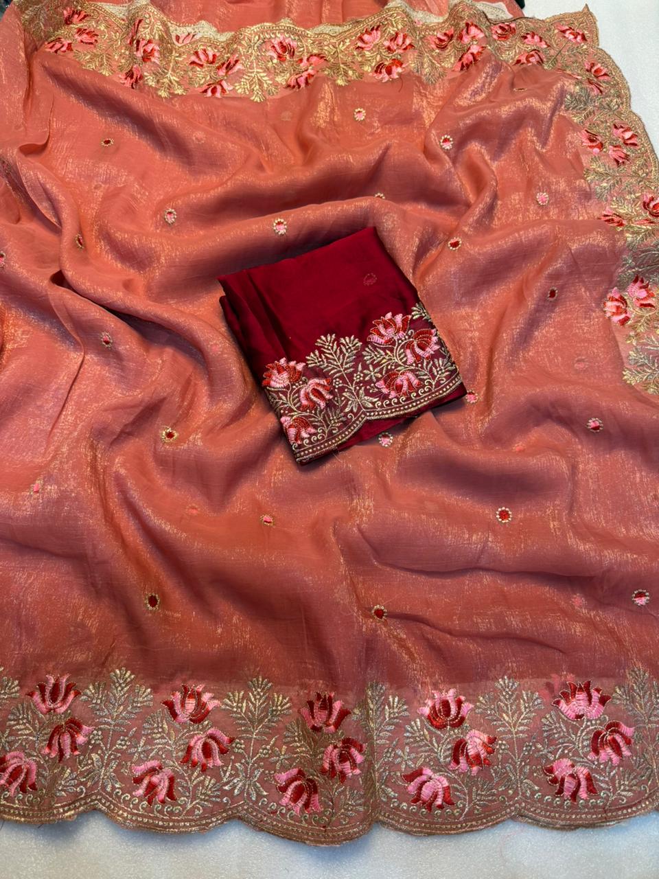 Latest Wedding Wear Pure Crunchy Silk Embroidery Work Fancy Desginer Saree With Blouse