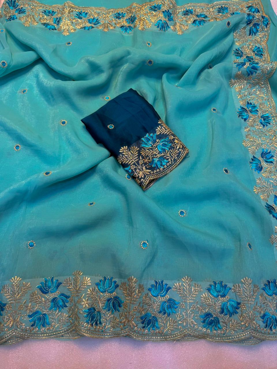 Latest Wedding Wear Pure Crunchy Silk Embroidery Work Fancy Desginer Saree With Blouse