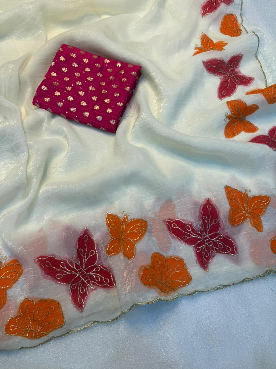 Marvellous Party Wear Off White Crunchy Silk Embroidery Work Fancy Desginer Saree With Blouse