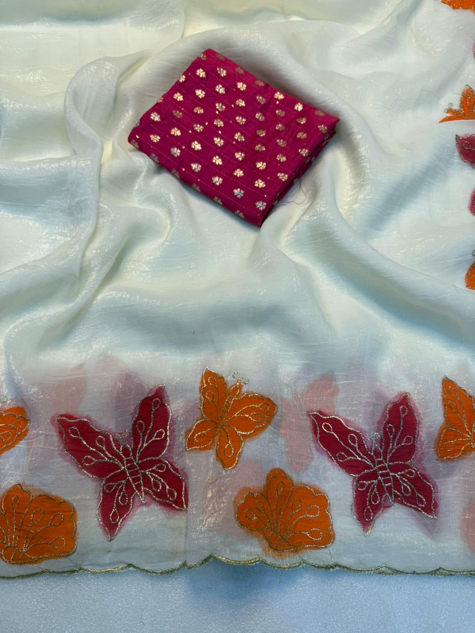 Marvellous Party Wear Off White Crunchy Silk Embroidery Work Fancy Desginer Saree With Blouse