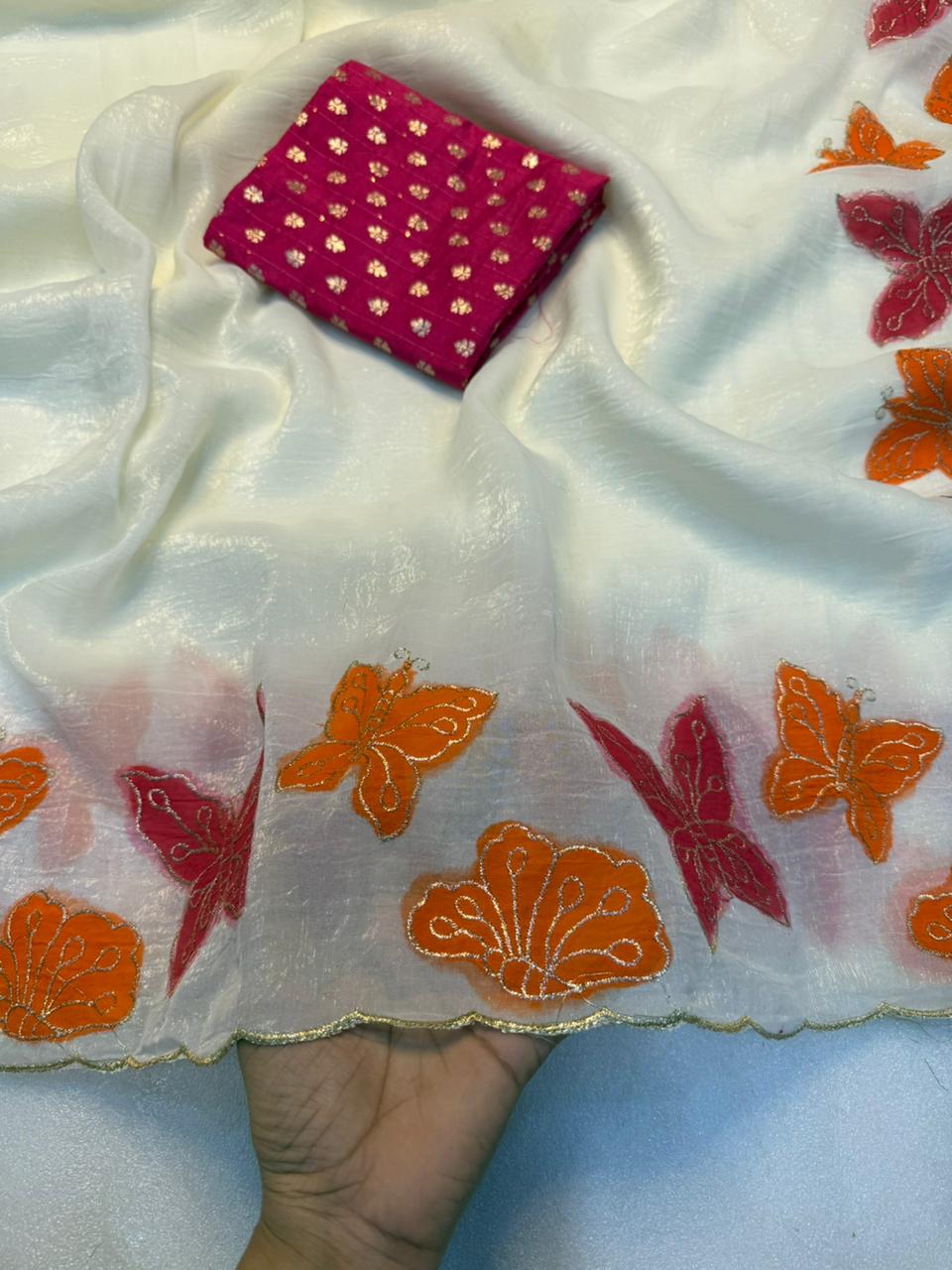 Marvellous Party Wear Off White Crunchy Silk Embroidery Work Fancy Desginer Saree With Blouse