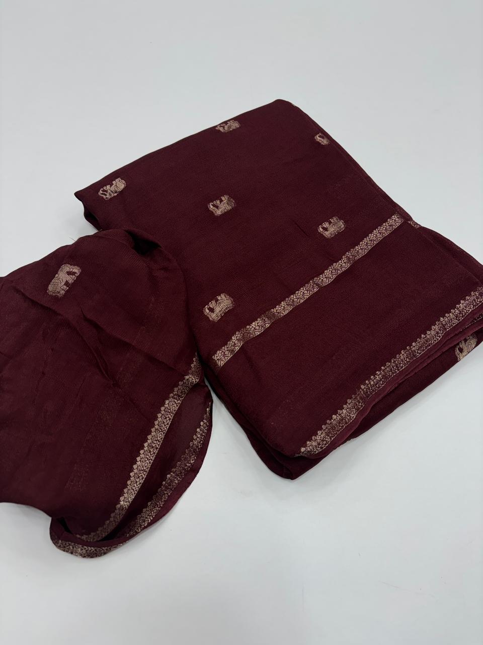 Latest Function Wear Brown Color Pure Soft Viscose Zari Work Fancy Designer Saree With Blouse
