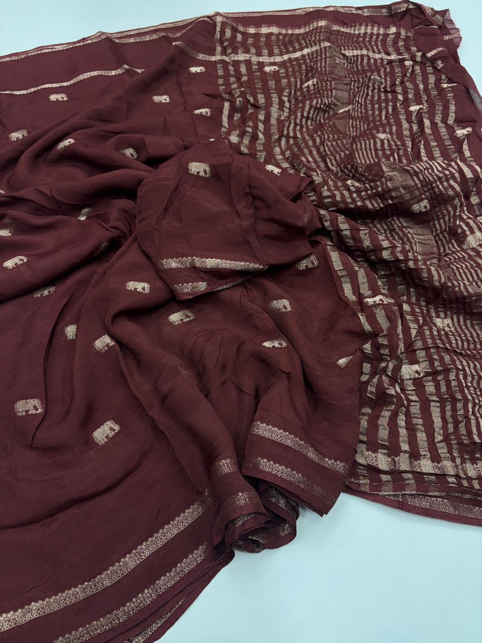 Latest Function Wear Brown Color Pure Soft Viscose Zari Work Fancy Designer Saree With Blouse