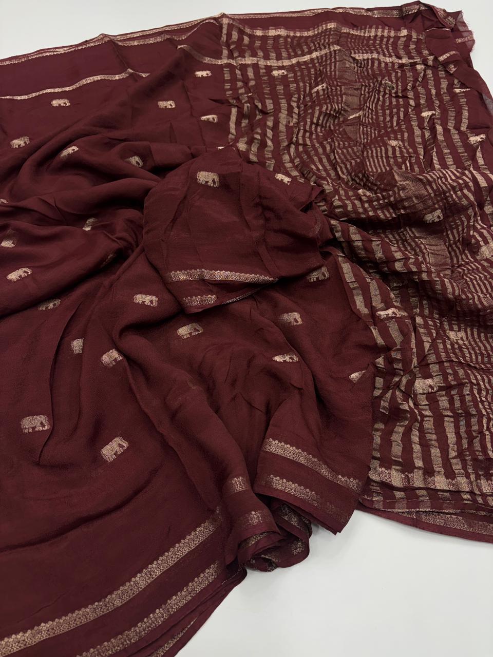 Latest Function Wear Brown Color Pure Soft Viscose Zari Work Fancy Designer Saree With Blouse