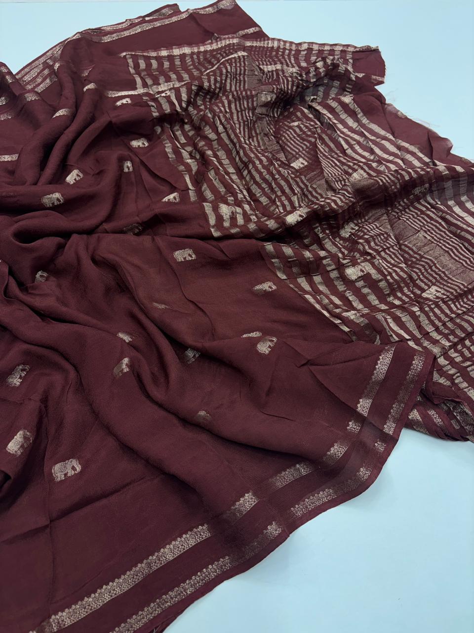 Latest Function Wear Brown Color Pure Soft Viscose Zari Work Fancy Designer Saree With Blouse