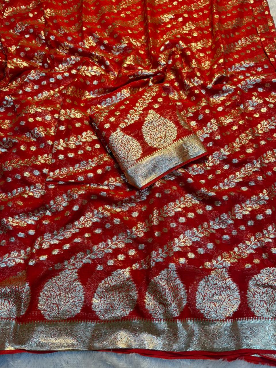Glamorous Party Wear Pure Viscose Georgette Jacquard Weaving Work Fancy Designer Saree With Blouse