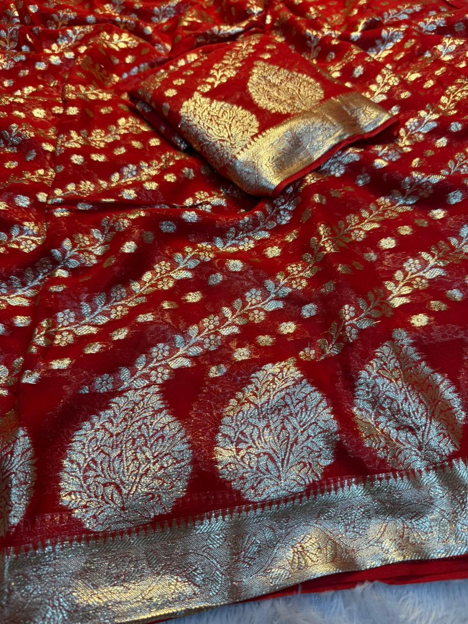 Glamorous Party Wear Pure Viscose Georgette Jacquard Weaving Work Fancy Designer Saree With Blouse
