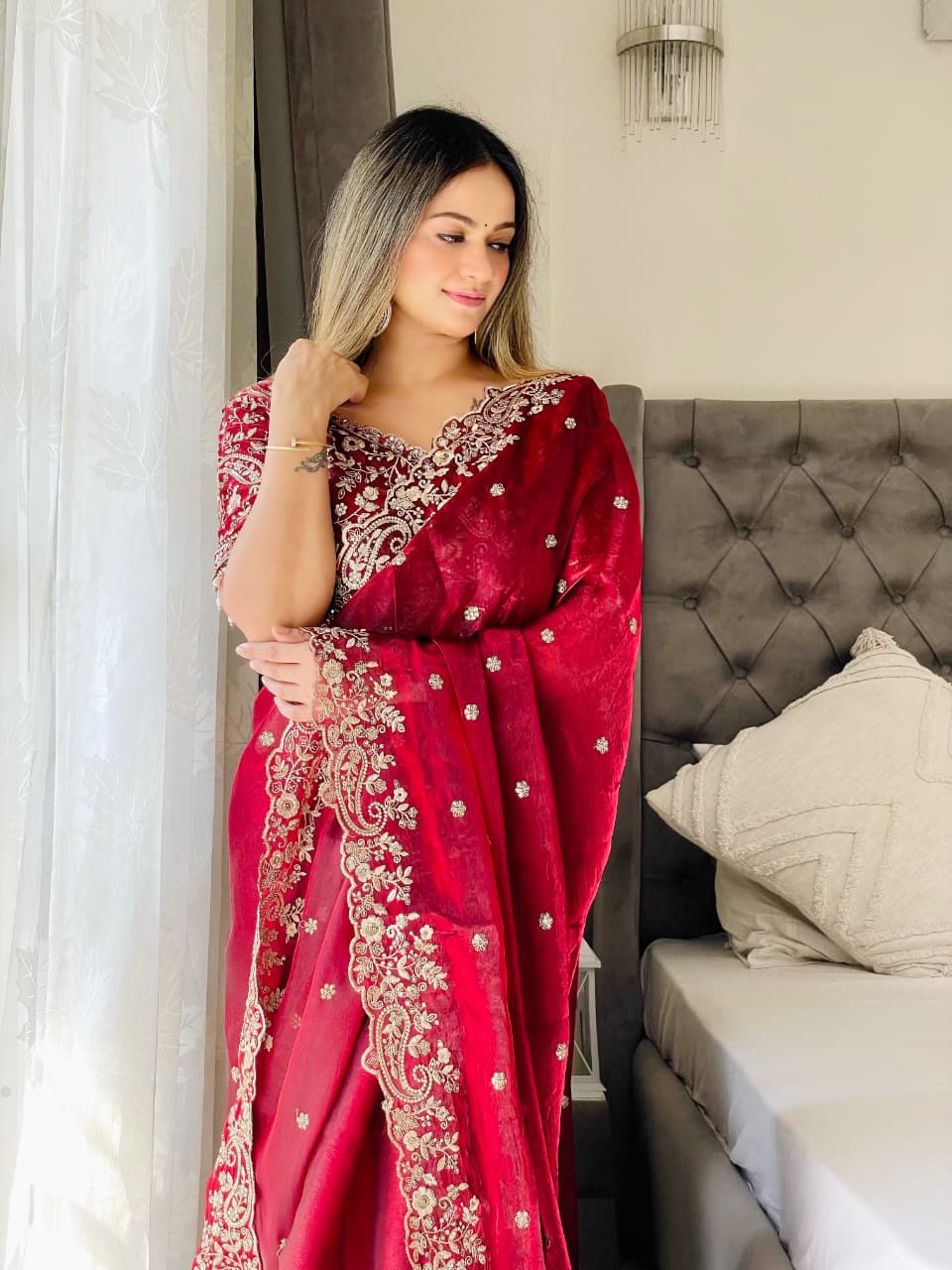 Outstanding Festival Wear Satin Silk Heavy Embroidery n Aarco Work Fancy Designer Saree With Stitched Blouse