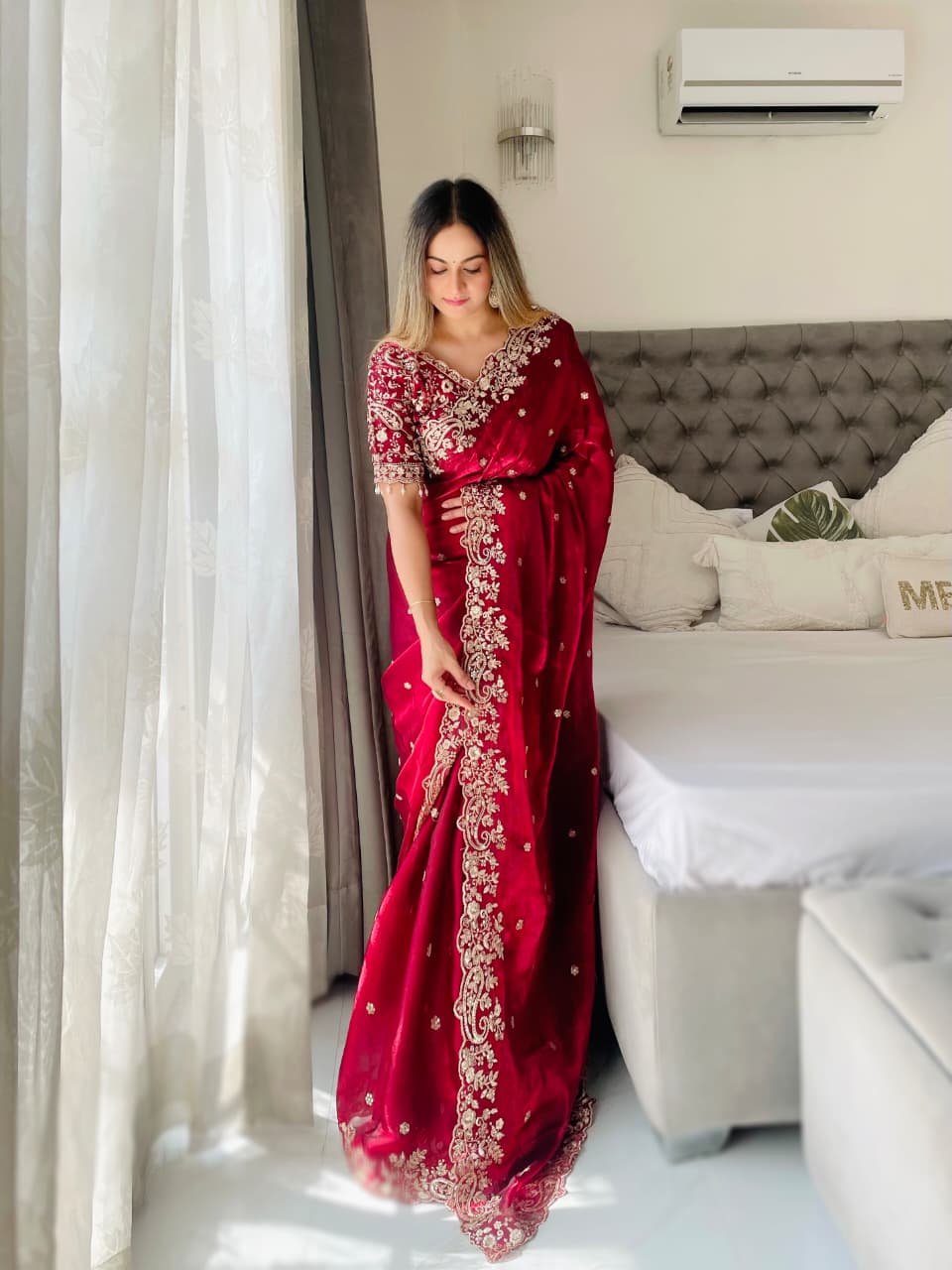 Outstanding Festival Wear Satin Silk Heavy Embroidery n Aarco Work Fancy Designer Saree With Stitched Blouse