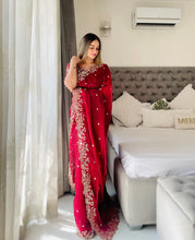 Load image into Gallery viewer, Outstanding Festival Wear Fendy Satin Silk Heavy Embroidery n Aarco Work Fancy Designer Saree With Stitched Blouse
