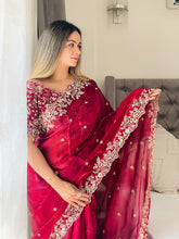 Load image into Gallery viewer, Outstanding Festival Wear Fendy Satin Silk Heavy Embroidery n Aarco Work Fancy Designer Saree With Stitched Blouse
